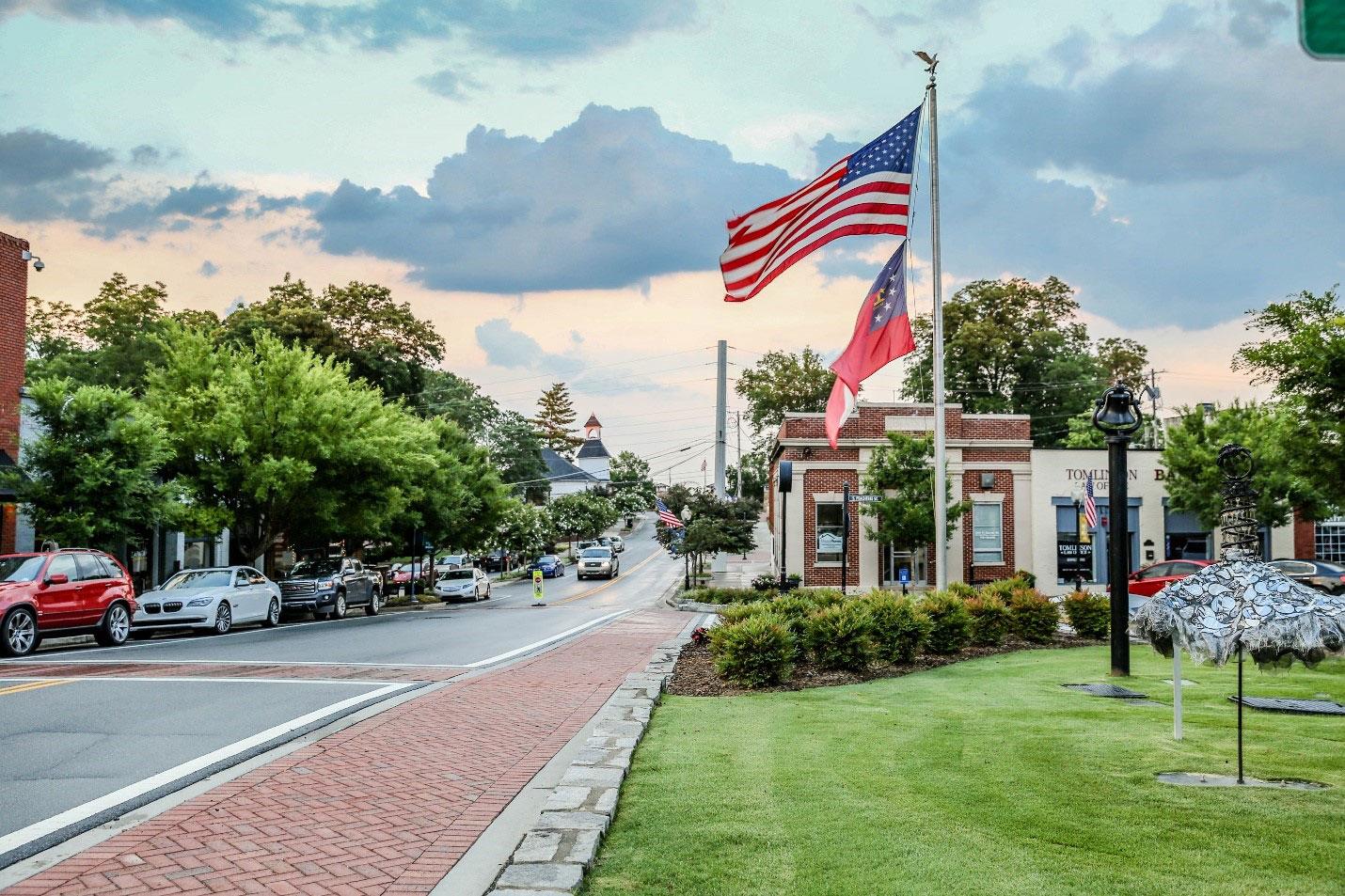 Historic downtown street scene highlighting things to do in Norcross with local shops, community spaces, and charming Georgia surroundings